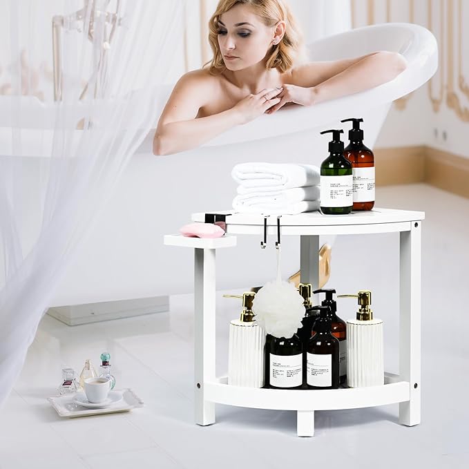 Ollieroo 2-Tier Bamboo Corner Shower Stool for Shaving Legs, Waterproof Bench with Storage Shelf and Soap Dish, Non-Slip Foot Rest (White)