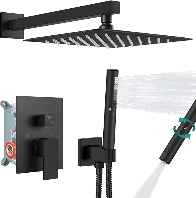 Aolemi Shower Faucet Set, High Pressure Shower System with 2-in-1 Handheld Sprayer, Wall Mount Fixture Combo with Rough-in Valve, 10 Inch Shower Head, Matte Black