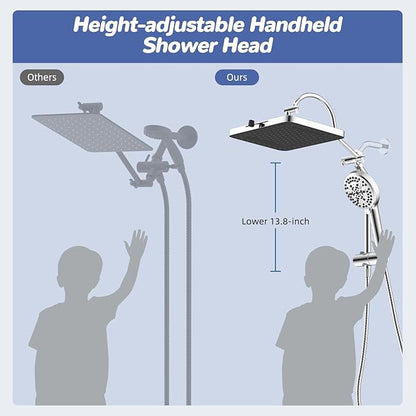 Hibbent Upgraded cUPC Certified 13'' Shower Head Combo, High Pressure 5 Spray Rainfall Showerhead with 10 Spray Modes Handheld, All Metal 3-way Diverter Shower Arm, 71'' Hose and Holder, Chrome