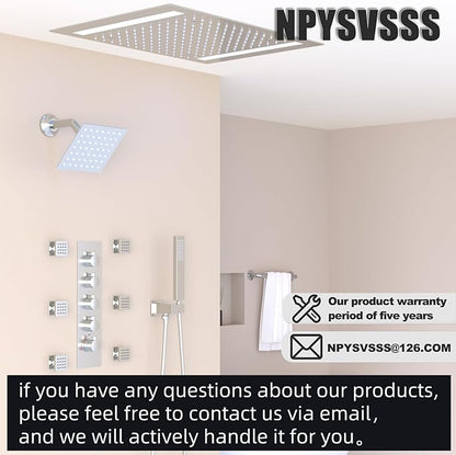 Thermostatic Shower System with 14x20 Inch Ceiling Mount LED Head & 6 Inch Wall Head and Handheld Shower 4 Function Vale with body jets Can All Run Together,Polished Chrome