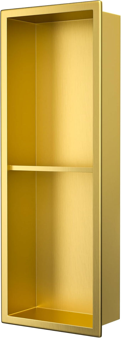 Stainless Steel Shower Niche 8"×24" Gold Double Shelf No Tiled Needed Niche Shower for Bathroom Wall Recessed Bathroom Shelf for Storage