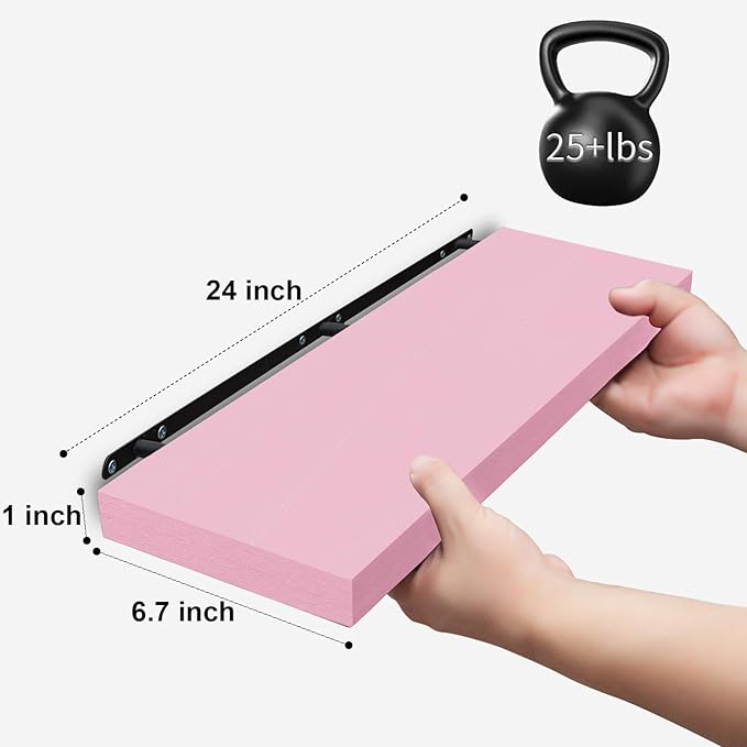 SAUMONIERES Floating Wall Shelves for Bedroom Bathroom Wall Mounted Solid Wood Shelf 24 Inch Set of 3, Pink Floating Shelves