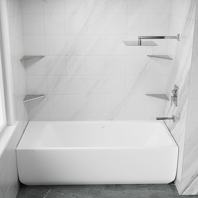POPFLY 10" Silver Stainless Steel Corner Shower Shelf 2PCS, 304 SS Recessed Bathroom Shelves for Tile Walls, No Drilling Needed, Floating Shower Caddy with Drainage Slots, PF7501L
