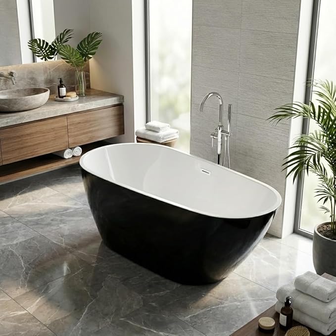 59 Inch Acrylic Freestanding Bathtub, Acrylic Soaking Bathtub with Matte Drain and Overflow, Modern Square Tub, CUPC Certified, Deep Ergonomic Design, Double-Walled Insulation, Easy Installation