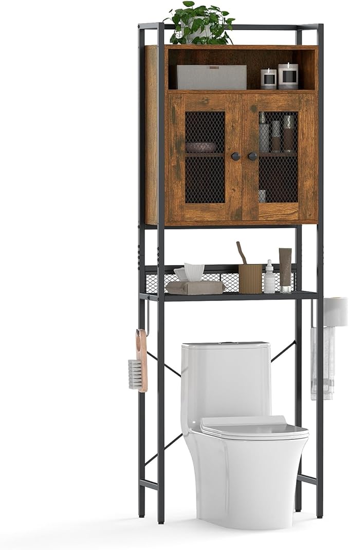 Tangkula Over The Toilet Storage Cabinet, 5-Tier Space Saver Above Toilet with 2 Mesh Doors, Metal Stand, Toilet Paper Holder & Hook, Freestanding Bathroom Cabinet Organizer for Laundry, Rustic Brown