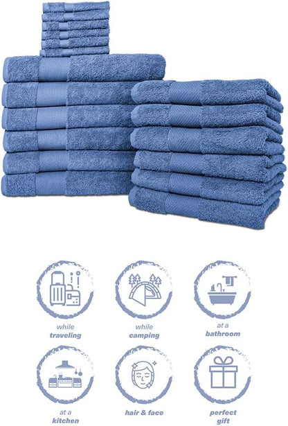 Hencely 18-Piece Bath Towel Set - High Absorbency, Quick Drying - 100% Soft Turkish Cotton - 6 Bath Towels, 6 Hand Towels, 6 Washcloths - Bathroom, Home, Hotel, Spa, and Gym - 18-Pack Blue