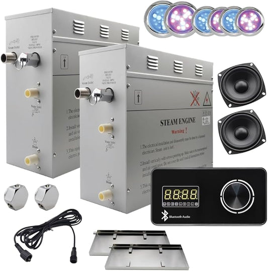 Superior Encore Plus 18kW Steam Shower Generator Kit with Horizontal Black Keypad, Bluetooth Audio, Drip Pan & Color Lights |Self-Draining Steam Bath Generator |One-click Connection Cord|