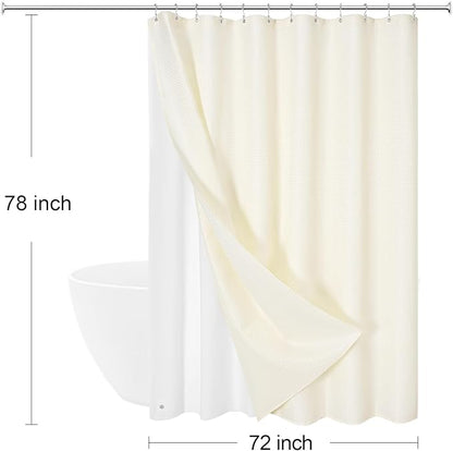 3 in 1 Long Cream Shower Curtain Set-72 W x 78 H, Ivory Waffle and PEVA Liner Set with 12 Stainless Steel Hooks, Waterproof Fabric for Bathroom