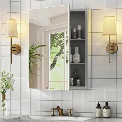 Bathroom Medicine Cabinet with Mirror, 14x18 Recessed or Wall Mirror Medicine Cabinet with Storage Adjustable Glass Shelves, Beveled Edge Mirrored Door with Aluminum Cabinet Hinges