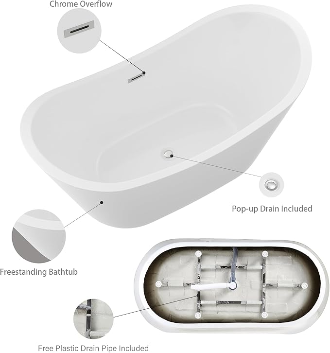 Logmey 59 Inch Freestanding Bathtub White Acrylic Oval Shape Soaking Tub with Chrome Drain & Overflow Assembly for Classic and Modern Bathrooms