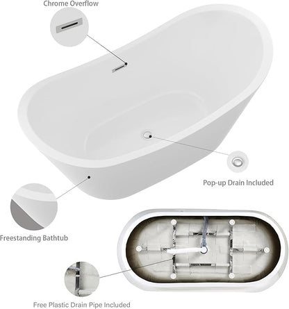 Logmey 59 Inch Freestanding Bathtub White Acrylic Oval Shape Soaking Tub with Chrome Drain & Overflow Assembly for Classic and Modern Bathrooms