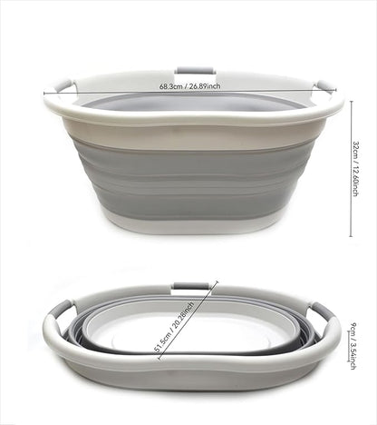 SAMMART 57L (15 Gallons) Collapsible 3-Handled Plastic Laundry Basket - Oval Tub - Portable Washing Tub-Space Saving Laundry Hamper, Water Capacity 44L / 11.6 Gallon (2, Grey/Grey)