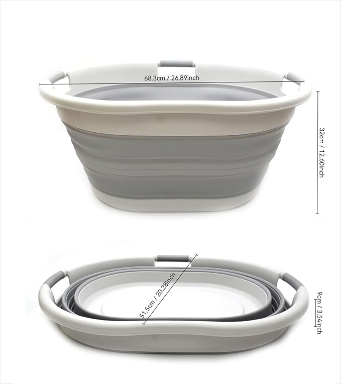 SAMMART 57L (15 Gallons) Collapsible 3-Handled Plastic Laundry Basket - Oval Tub - Portable Washing Tub-Space Saving Laundry Hamper, Water Capacity 44L / 11.6 Gallon (1, Grey)