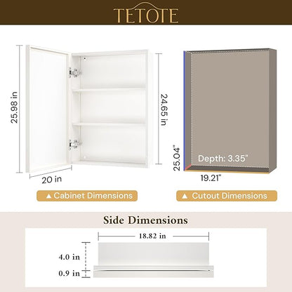 TETOTE 20" x 26" White Medicine Cabinet with Stepless Adjustable Shelves Beveled Mirror with Storage for Bathroom Vanity Recessed or Surface Wall Mount