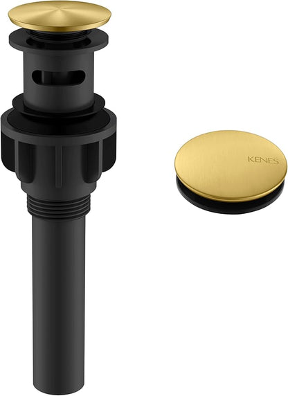 KENES Brushed Gold Pop Up Bathroom Sink Drain with Overflow, Bathroom Sink Drain Assembly with Strainer Pop Up Drain, Lavatory Bathroom Vanity Sink Pop Up Drain Stopper