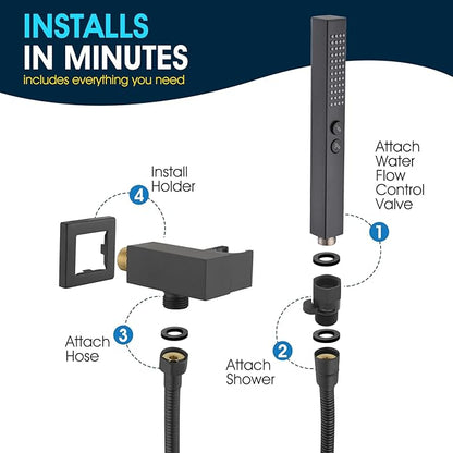 All-Metal High Pressure Square Handheld Shower Head with Jet Spray and Rainfall Modes, Volume Control Regulator, ON/OFF Switch, Hose and Wall Mounted Adjustable Bracket, Matt Black Color