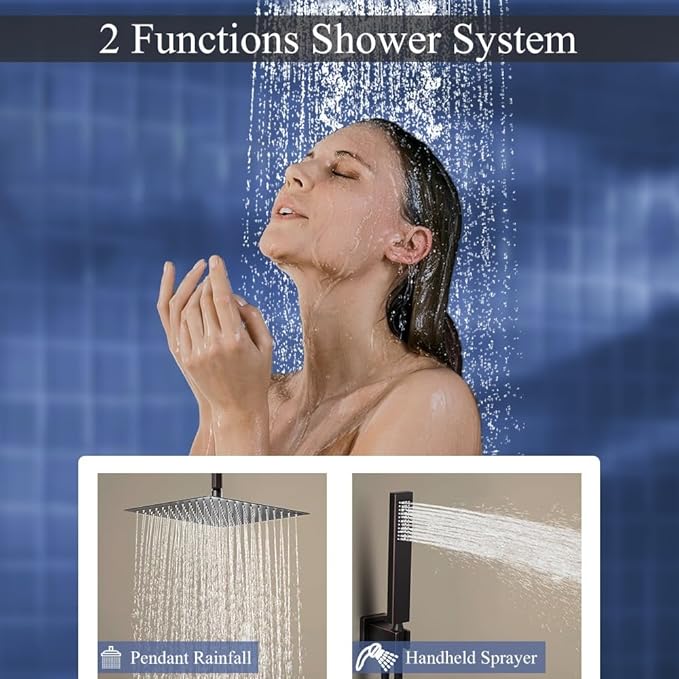 16 Inch Oil Rubbed Bronze Ceiling Mount Shower System Bathroom Luxury Rain Mixer Shower Combo Set Ceiling Rainfall Shower Head System Faucet Contain Rough-in Valve and Trim Included