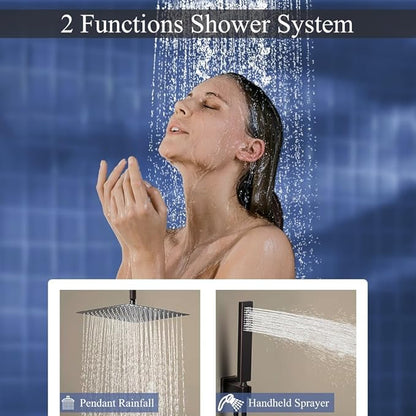 16 Inch Oil Rubbed Bronze Ceiling Mount Shower System Bathroom Luxury Rain Mixer Shower Combo Set Ceiling Rainfall Shower Head System Faucet Contain Rough-in Valve and Trim Included