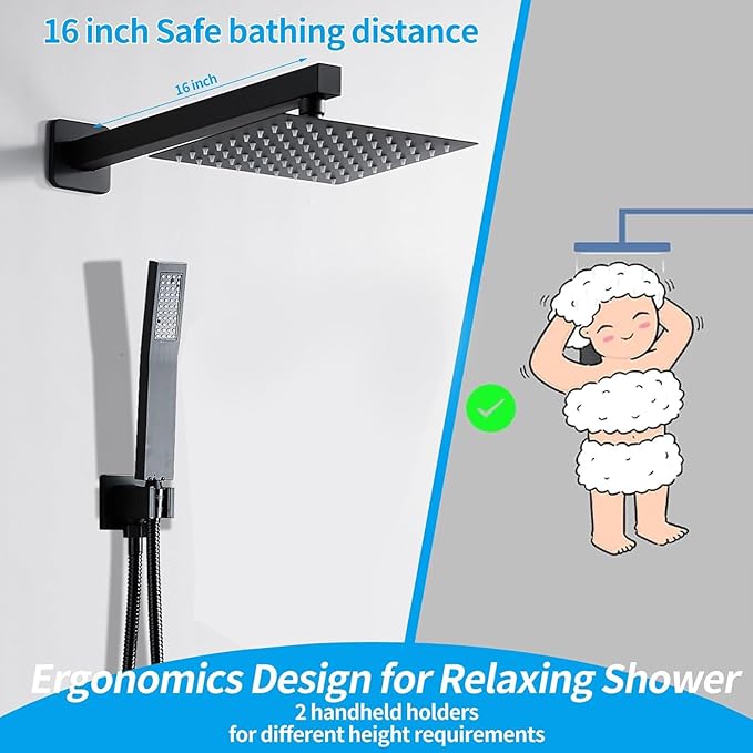 8 Inch Matte Black Shower Faucet Set with Rain Shower Head and Handheld Spray, Wall Mounted Rainfall Shower Head with Handheld Combo, Bathroom luxury Shower System with Valve and Trim