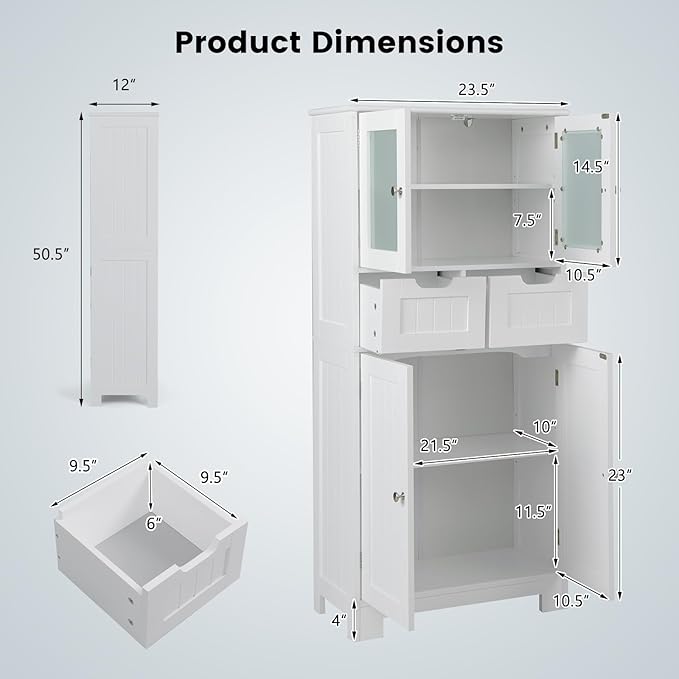 COSTWAY Tall Bathroom Storage Cabinet, Freestanding Storage Organizer with Glass Doors, 2 Drawers & 2 Adjustable Shelves, Wooden Linen Floor Cabinet for Bathroom, Living Room, Kitchen (White)