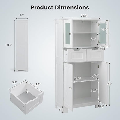 COSTWAY Tall Bathroom Storage Cabinet, Freestanding Storage Organizer with Glass Doors, 2 Drawers & 2 Adjustable Shelves, Wooden Linen Floor Cabinet for Bathroom, Living Room, Kitchen (White)