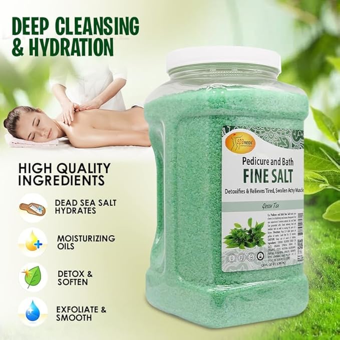 SPA REDI - Detox Foot Soak Pedicure and Bath Fine Salt, Green Tea, 128 Oz - Made with Dead Sea Salts, Argan Oil, Coconut Oil, and Essential Oil - Hydrates, Softens and Moisturizes