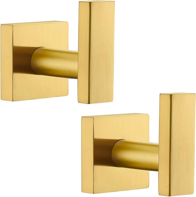 Angle Simple Towel Hooks for Bathroom, SUS 304 Stainless Steel Square Robe Coat Wall Hooks, Hand Towel Holder, Brassy Gold, 2 Pack