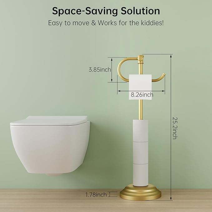 Hoimpro 25" Toilet Paper Roll Tissue Holder Free Standing with Shelf Storage Stand for 4 Rolls, Freestanding Hardware Accessories Rack Brushed Gold