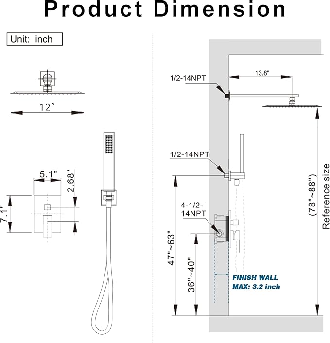 Shower System, Black Shower Faucet Set with 12-Inch Rain Showerhead and Handheld Spray, Wall Mounted High-Pressure Showerhead Combo Set Included Valve and Trim, Matte Black