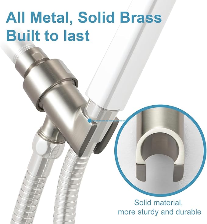 OFFO Shower Head Holder All Metal for Handheld Shower Head, Brushed Nickel Adjustable Shower Arm Mount with Solid Brass Pivot Ball, 1/2 in IPS Female Inlet and Male Outlet