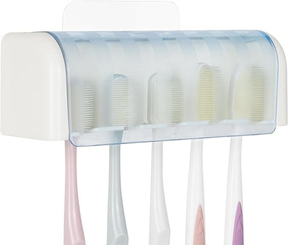 5 Slots Wall Mount Toothbrush Holder with Cover, Self Adhesive Toothbrush Storage Organizer for Shower, Toothbrush Hanger for Bathroom, Medicine Cabinet, Dorm(White + Blue)