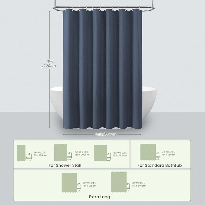 Inhousolu Fabric Shower Curtain Waffle Weave, Navy Blue 230 GSM Heavy Duty, Weighted Hem, 12 Metal Hooks, Water Repellent, Machine Washable, Hotel Spa Luxury Bath Curtain Set, 54 x 78 Inch