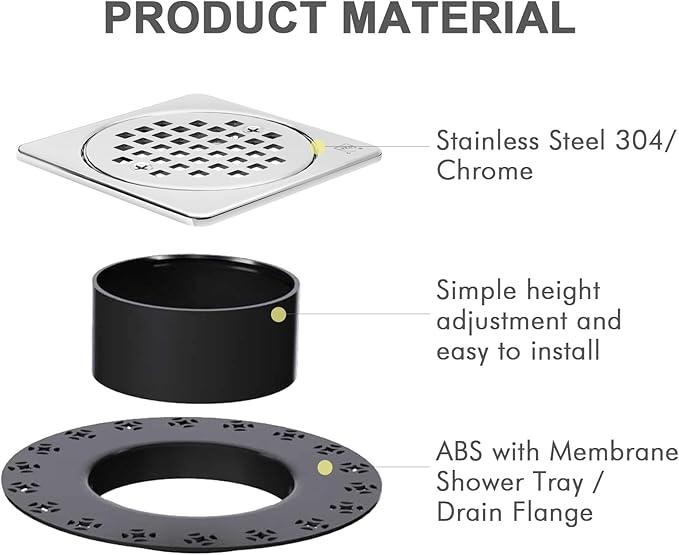 4” Shower Floor Drain Grate Kit Chrome - Compatible with Schluter Kerdi-Drain Flange - with Adjustable Collar & Removable Square Cover, SUS304 Stainless Steel & CUPC Certification
