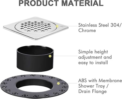 4” Shower Floor Drain Grate Kit Chrome - Compatible with Schluter Kerdi-Drain Flange - with Adjustable Collar & Removable Square Cover, SUS304 Stainless Steel & CUPC Certification