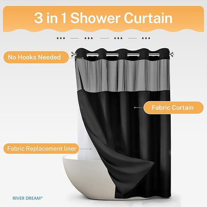 River Dream Black Shower Curain No Hooks Dotted Waffle Weave Shower Curtain with Snap in Liner - 71W x 74H,Hotel Grade,Spa Like Bath Curtain Set