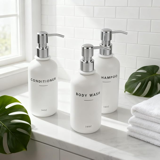 Set of 3 Shampoo and Conditioner Dispenser - 16oz Durable Shower Soap Dispenser and Shampoo Bottles - Easy to Refill Bathroom Decor