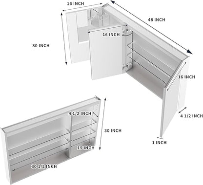 GroGro LED Lighted Bathroom Medicine Cabinet with Mirror,48" W x 30" H Medicine Cabinet with Lights,Surface or Recessed Mounting,Defog,Dimming,3-Color Temperature Adjustment