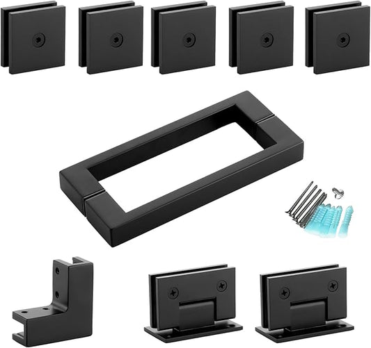Shower Door Hardware Kit for Frameless Corner Shower Setup, Includes Hinges, Square Pull Handles, U-Clamps and Connector, for 5/16"–3/8" Glass, Bathtub or Standing Shower Use, Matte Black