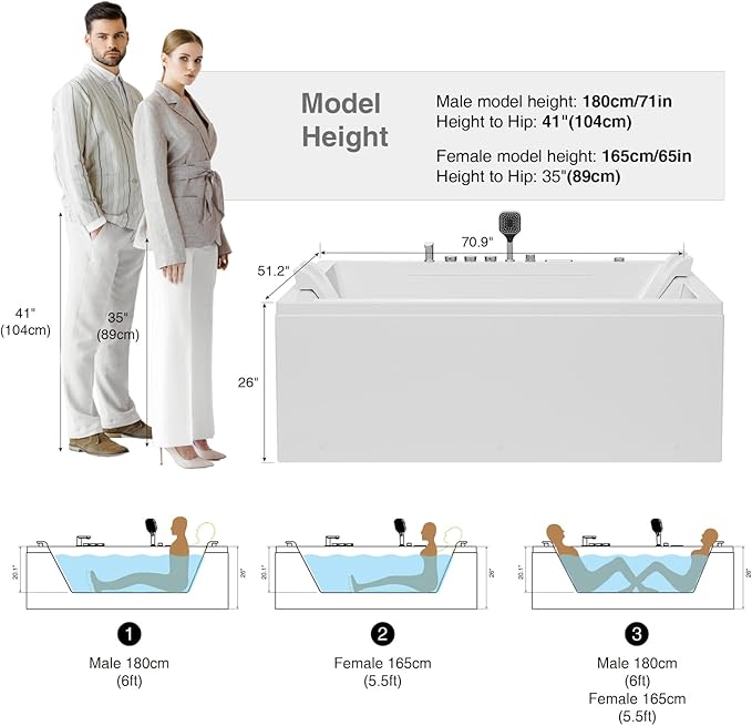 Empava PRO Series 71"x51" Jetted Bathtub, Alcove Spa Tub | 16 Hydro + 24 Air Jets, Chromotherapy & Waterfall | Thermostatic Control, Rectangular Acrylic Whirlpool Bathtub, White (ETL Certified)