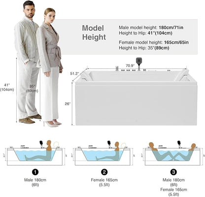 Empava PRO Series 71"x51" Jetted Bathtub, Alcove Spa Tub | 16 Hydro + 24 Air Jets, Chromotherapy & Waterfall | Thermostatic Control, Rectangular Acrylic Whirlpool Bathtub, White (ETL Certified)