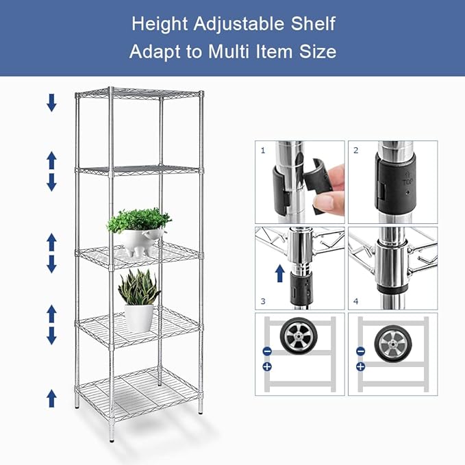 5 Tier Wire Shelving Unit, Height Adjustable Wire Shelves with NSF Certified, Narrow Metal Storage Rack Shelf Unit for Kitchen, Laundry, Bathroom, Pantry, Closet (18"D x 21.5"W x 71"H, Chrome)