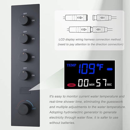 Matte Black Digital Display Shower System with 16X24 inch Ceiling Mounted Shower Head(Rain&Waterfall Modes), with Handheld Spray and 6 PCS Dual Modes Body Jet