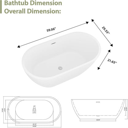59" Acrylic Freestanding Bathtub - Mocoloo White Oval Shape Soaking Bath Tub with Stainless Drain and Overflow Assembly for Classic Modern Bathrooms