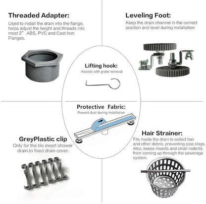 Neodrain 28-Inch Linear Shower Drain with Tile Insert Grate,Brushed 304 Stainless Steel Rectangle Shower Floor Drain,Linear Drain with Leveling Feet, Hair Strainer