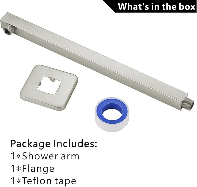 Voolan 16" Square Shower Arm with Flange and Teflon Tape, Extension Shower Head Arm for Bathroom Fixed Shower Head, Solid Stainless Steel, Wall Mounted (Brushed Nickel)