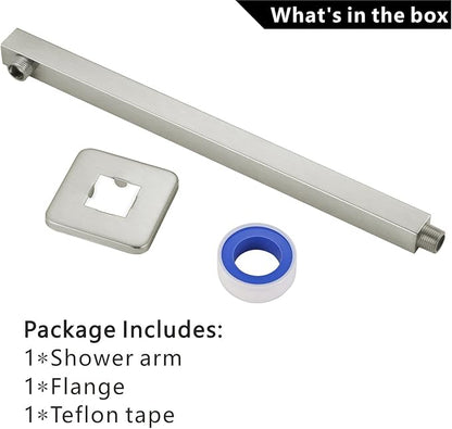Voolan 20" Square Shower Arm with Flange and Teflon Tape, Extension Shower Head Arm for Bathroom Fixed Shower Head, Solid Stainless Steel, Wall Mounted (Brushed Nickel)