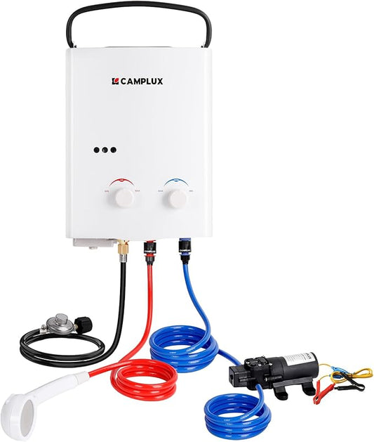 CAMPLUX Propane Tankless Water Heater Outdoor, 1.32 GPM Camping Portable Water Heater with Pump Pack Kits, 5L, AY132P43, White