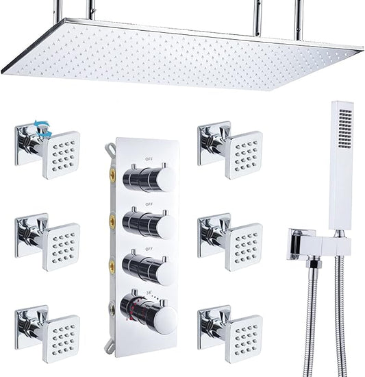 Bathroom Shower System, 16X32 inches Ceiling Mount Thermostatic Large Rain Shower with Adjustable Flow Body Jets, Multi Shower Jets System Can Run All At Once (Chrome)