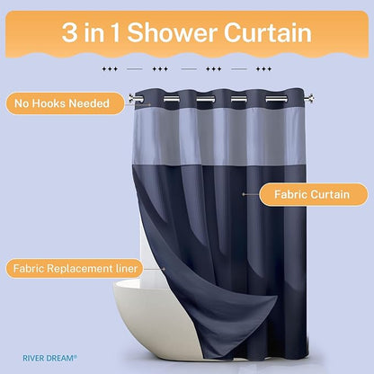 River Dream Heavyweight No Hooks Required Dotted Waffle Weave Shower Curtain with Snap in Liner -Extra Long 71W x 86H,Hotel Grade,Spa Like Bath Curtain,Navy