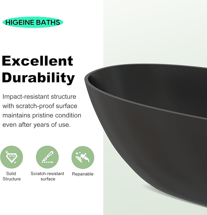 65" Premium Solid Surface Freestanding Bathtub, Upgraded Modern Design Stand Alone Tub with Overflow and Pop-up Drain, Matte Black